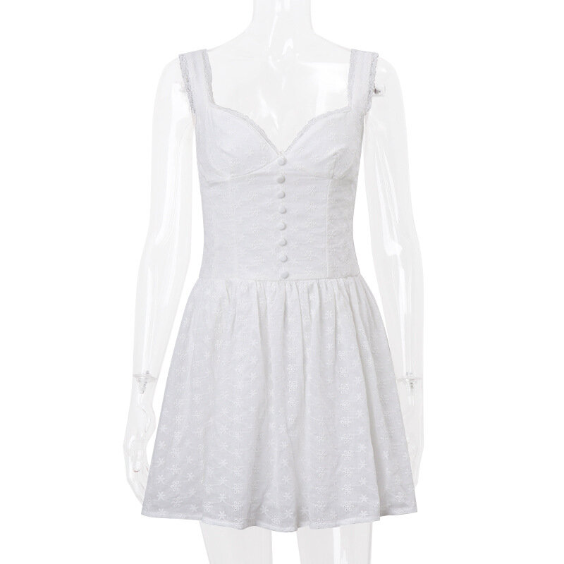Vestido de baile blanco con tirantes finos para mujer, minivestido elegante con corsé de una sola botonadura para fiesta y vacaciones de verano, 2024