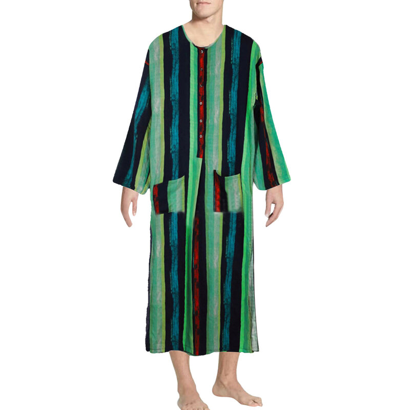 Herrenmode ethnischen Stil muslimischen Roben Hemden gestreiften Druck lang ärmel ige lässige lose Jubba Thobe islamische arabische Dubai Kaftan