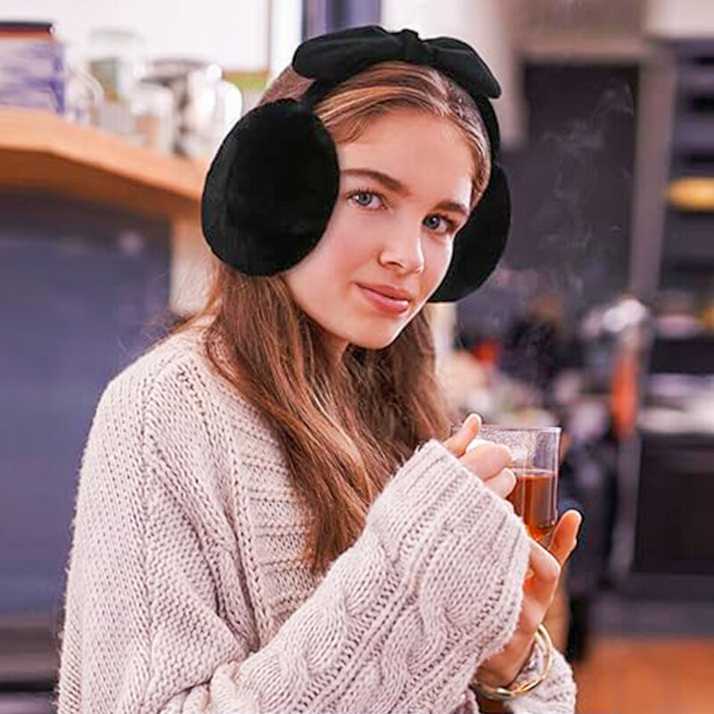 Penutup telinga modis untuk wanita penutup telinga berbulu palsu lipat busur musim dingin penutup penghangat telinga lembut dapat disesuaikan