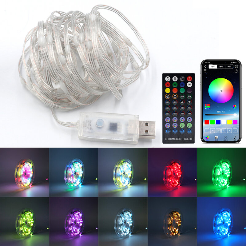 Guirlande lumineuse LED RGB intelligente, USB, avec télécommande, Bluetooth, application de contrôle, 5V, étanche, pour chambre à coucher, noël
