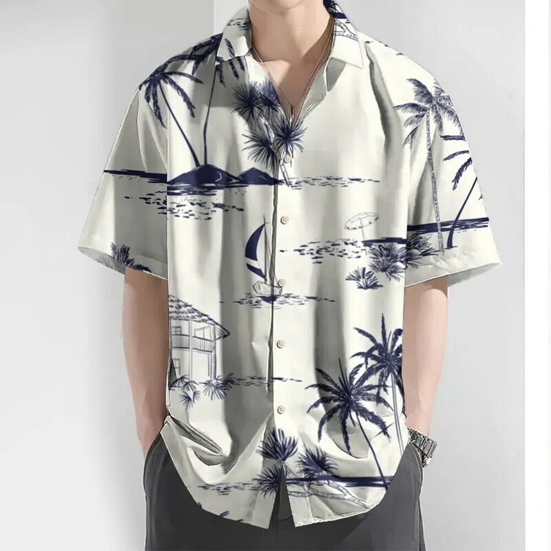 Camisa havaiana de manga curta masculina, estampa de coco, camisas largas de grandes dimensões, tops casuais diários, roupas masculinas, novo, 3D, 2024