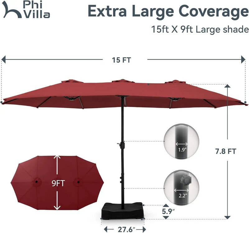 Payung teras 15 kaki dua sisi, payung pasar luar ruangan ukuran besar dengan engkol, termasuk kursi (merah tua)