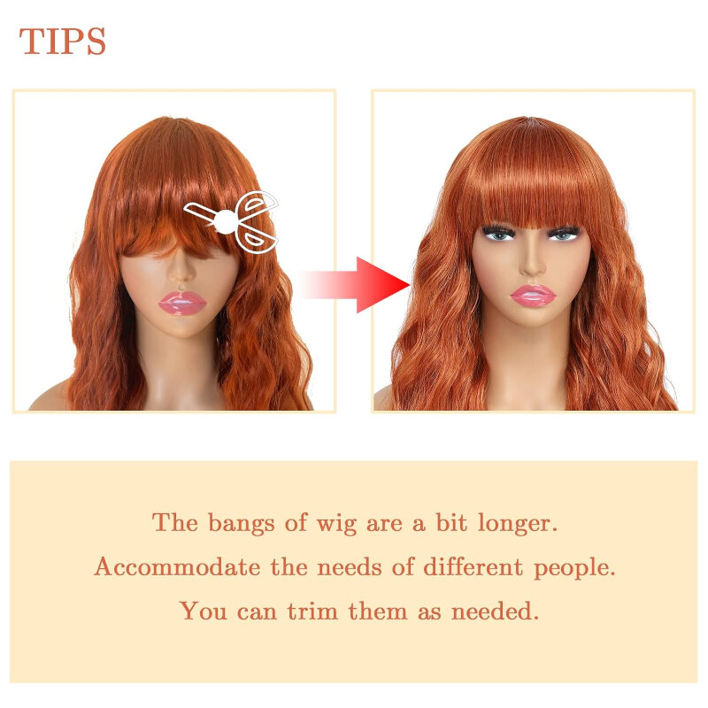 Parrucca riccia ondulata lunga arancione sporca con frangia estensioni dei capelli soffici alla moda per le donne accessori per capelli personalizzati per l'uso quotidiano