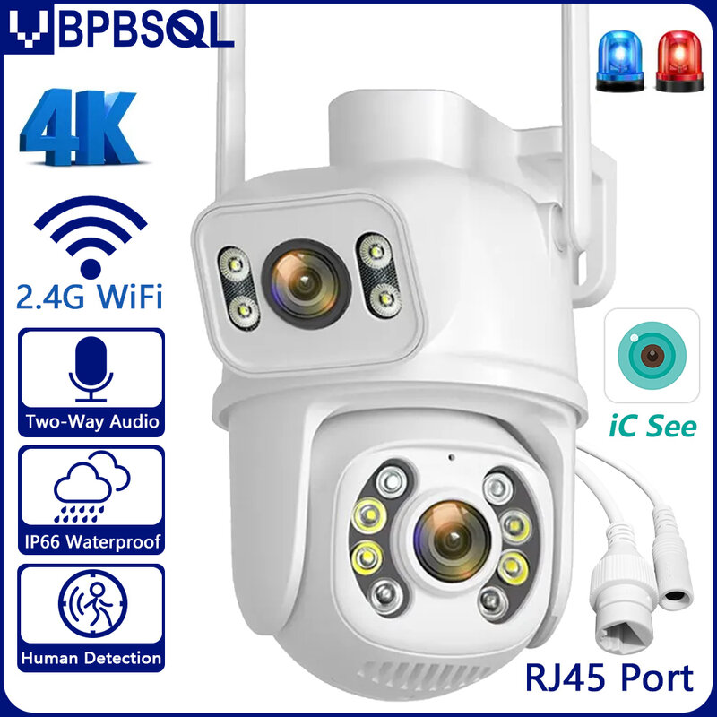 Câmera de vigilância noturna ao ar livre, PTZ Dual Screen, rastreamento automático AI, CCTV, segurança IP, 4K, 8MP WiFi, aplicativo iCSee