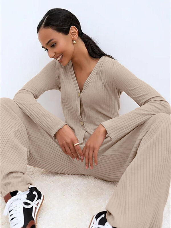 Marthaqiqi Casual Women'S Sleepwear Suit Sexy V-Neck Nightwear Long Sleeve Nightgowns Wide Leg Pants Ladies Pajamas 2 Piece Set