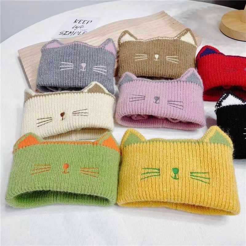 Baby Cartoon Cat Knit Scarfs Autumn Winter Outdoor Windproof Warm Thick Scarf Children Flanged Shawl False Collar Neck Sets