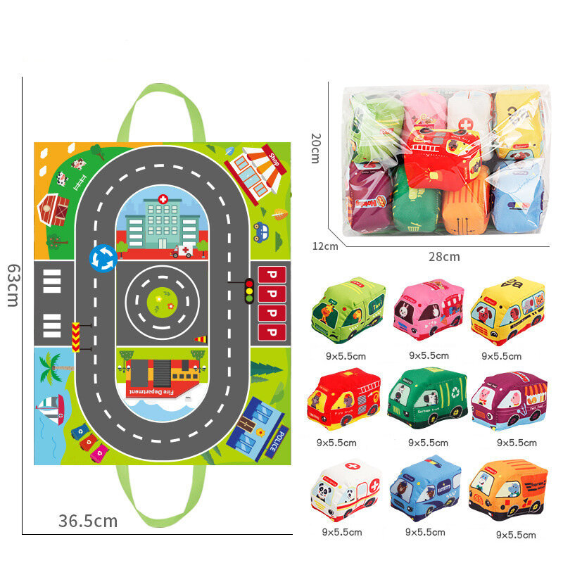 Conjunto de brinquedos de carro macio com esteira e veículo para bebê, brinquedos educativos para crianças, meninos e meninas, 12-18 meses, 9pcs