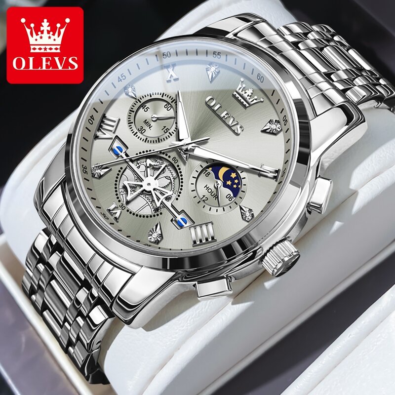OLEVS Brand Luxury Moon Phase cronografo orologio al quarzo da uomo in acciaio inossidabile impermeabile luminoso moda Tourbillon orologi da uomo