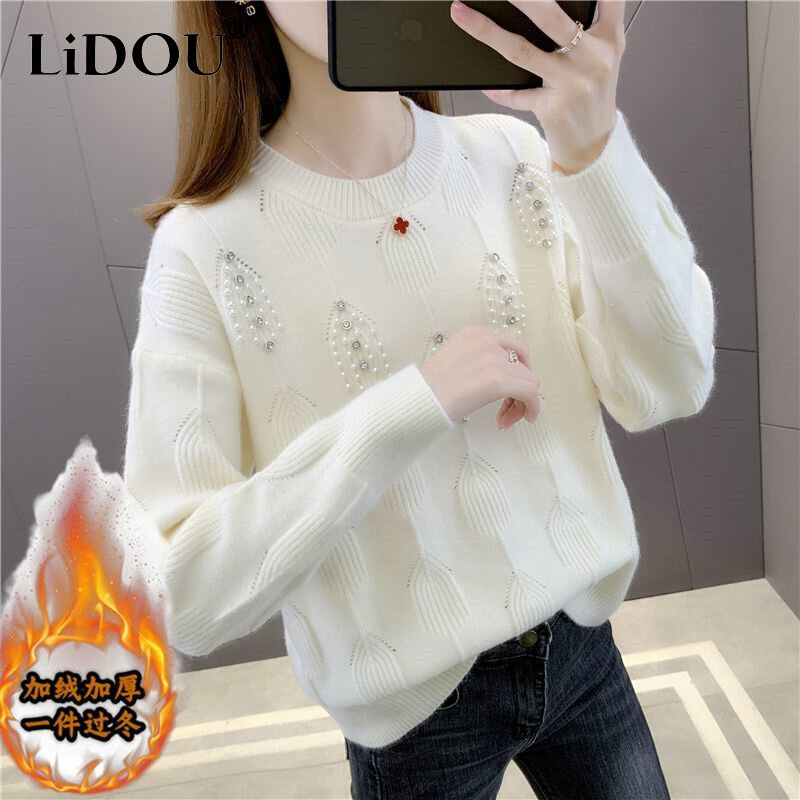 2023 Autumn Winter New Solid Color Fashion Round Neck Sweater Women High Street Casual Long Sleeve Embroidered Flares Pullovers
