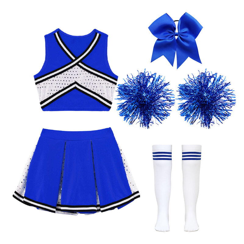 Kids Cheerleading Uniform Cheerlead Outfit paillettes senza maniche Crop Top gonna con calzini Flower Child School Girls Dancewear Sets