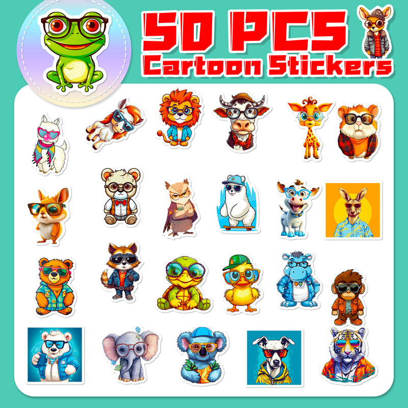 50Pcs Cartoon Animals with Glasses Series Graffiti Stickers Suitable for Laptop Helmet Desktop Decoration DIY Sticker Toy
