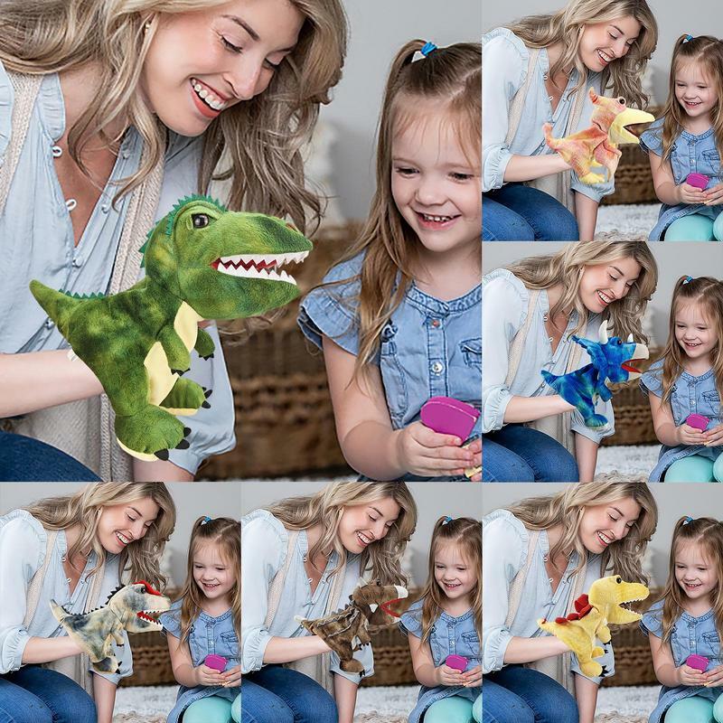 Brinquedos bonitos do luxuoso do fantoche da mão do dinossauro com a boca de trabalho macio e confortável jogo de papel do dedo história fantoche animal de pelúcia para crianças