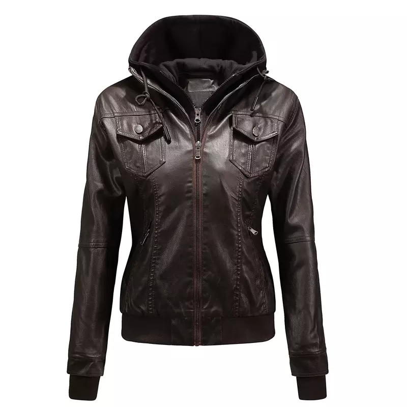 Hat Jackets Outwear Slim Fit Fleece-lined Y2K Women's Motorcycle Leather Jacket Coats Short Hooded Detachable Leather Coats