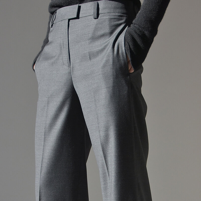 Pantalon à jambes larges en laine peignée, taille moyenne, élégant, noir, bleu marine, pour bureau, livraison gratuite OL