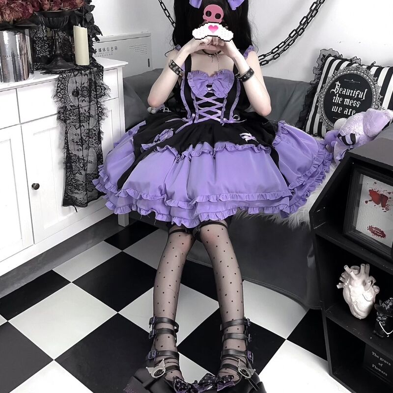 Halloweenowa wiktoriańska Lolita Jsk sukienka dziewczyna czarownica Cosplay fioletowa sukienka pasek z kokardą gotycka moda damska sukienki Kawaii
