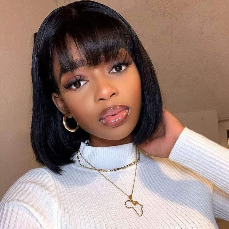 Straight Bob Wig With Bangs Human Hair 180% Density Short Bob Wig For Women Upgraded Machine Made Middle Part 3x1 Lace Wig
