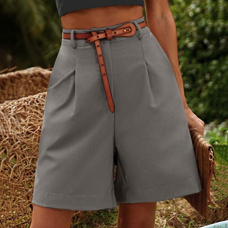 Celana pendek bisnis wanita, celana pendek kantor warna polos lurus saku samping longgar pinggang tinggi musim panas