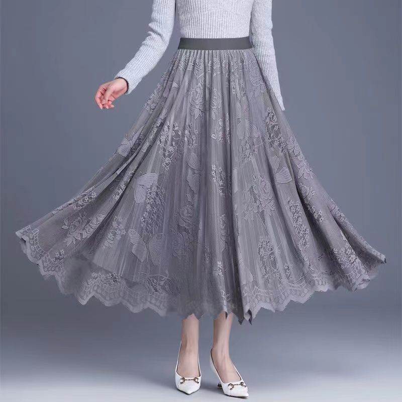 Eleganckie elastyczne spódnice w jednolitym kolorze z wycięciami i koronką Odzież damska 2024 Letnie nowe luźne spódnice biurowe damskie z wysokim stanem