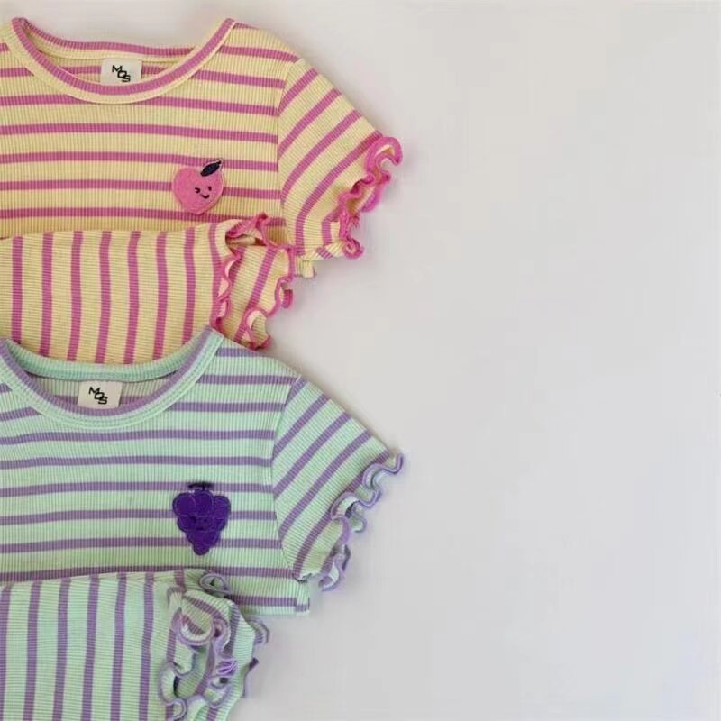 2024 Summer New Baby Striped Short Sleeve Clothing Set Girl Ear Edge Tops + Short 2 Pieces Suit Kids Grape Pattern Clothes Items