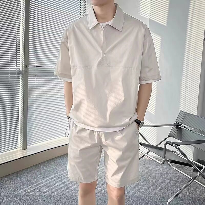 Men's Summer Polo Shirt Two Piece Set Buttons Pullover Casual Cargo Sports Summer Tracksuit Fashion Short-sleeved +Shorts Suit 2