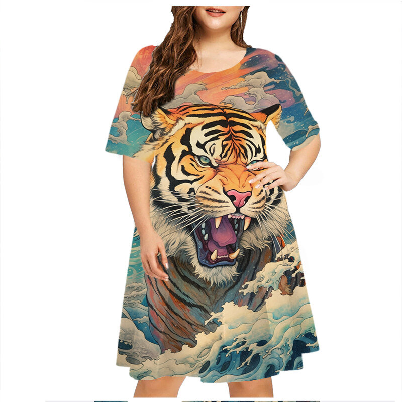 Minivestido con estampado de tigre para mujer, ropa holgada informal de manga corta con cuello redondo, talla grande, a la moda, Verano