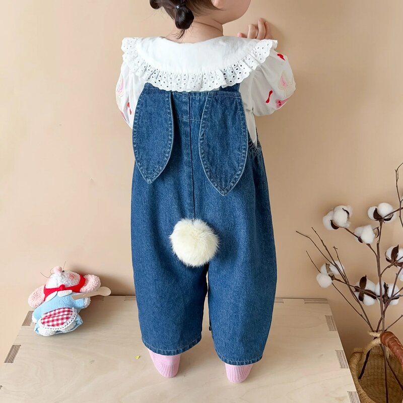 2024 Autumn New Baby Girl Sleeveless Denim Jumpsuit Toddler Girl Cute Rabbit Ear Overalls Infant Romper Kids Clothes 0-24M
