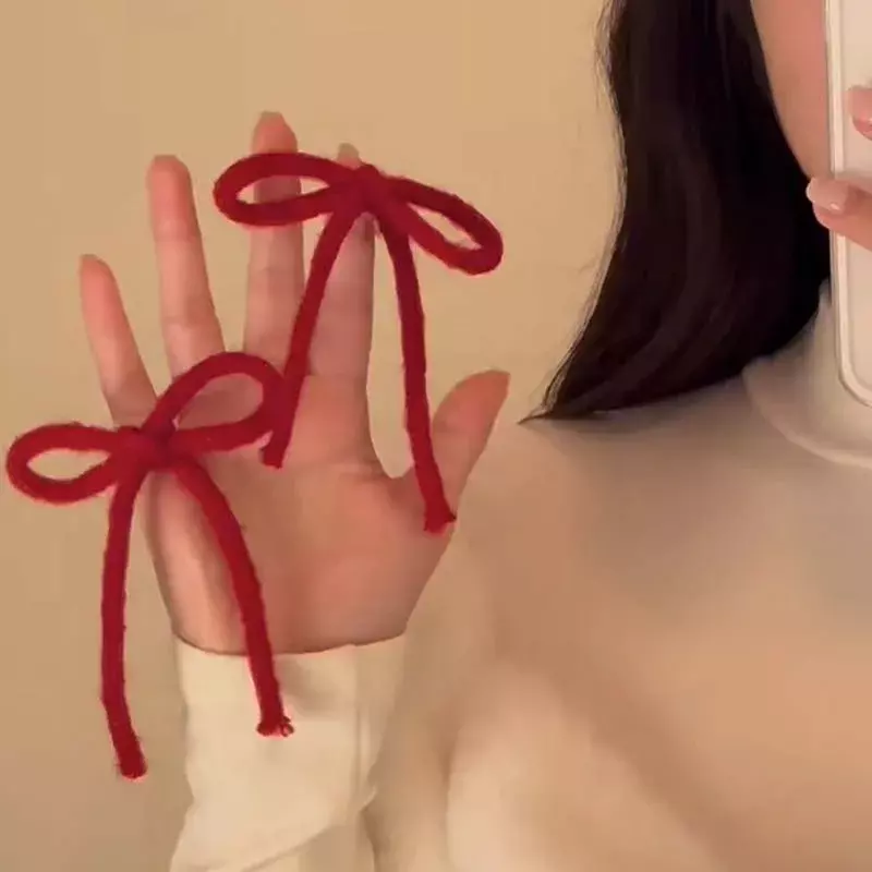 Koreaanse Zoete Rode Gebreide Lint Strik Haarclip Voor Vrouwen Meisjes Snoep Kleur Pony Clip Hoofdtooi Ornament Haar Accessoires
