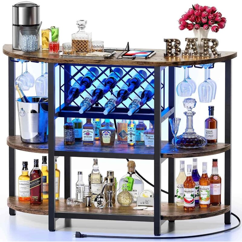 Bar Table Cabinet with Power Outlet, LED Home Mini Bar Cabinet for Liquor, Metal Wine Bar Stand with 4-Tier Storage, Easy to