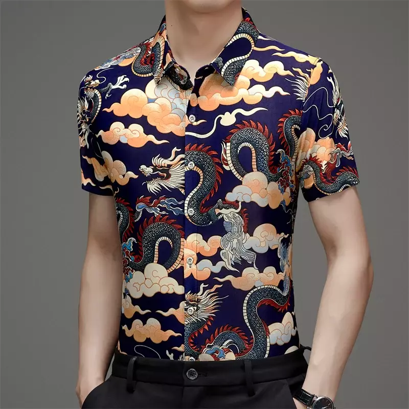 พิมพ์ลายเสื้อแขนสั้นผ้าไอซ์ซิลค์สำหรับฤดูร้อนลายมังกรเสื้ออินเทรนด์สไตล์จีนสำหรับผู้ชาย