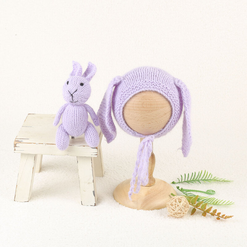 Conjunto de gorro y juguete de conejo para fotografía de recién nacido, gorro de muñeca de conejo suave, hecho a mano, para sesión de fotos