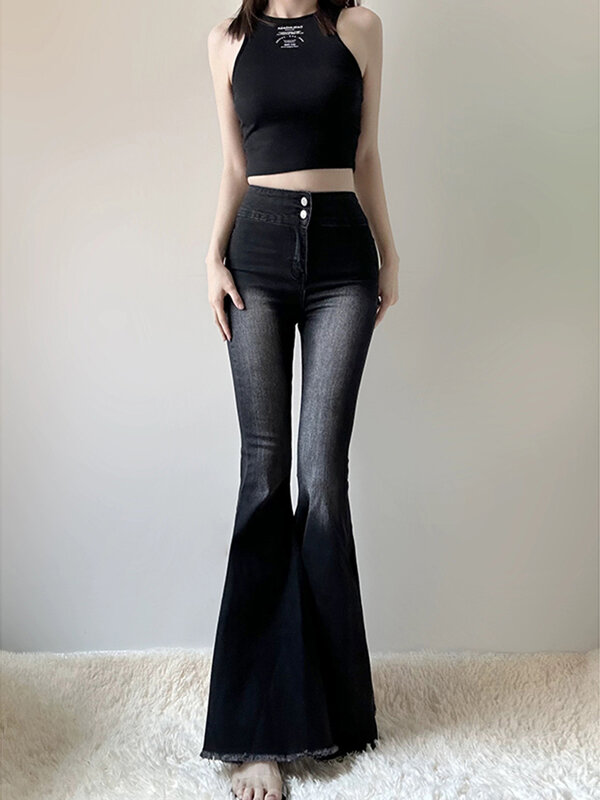 Celana Jeans wanita ramping seksi Amerika baru Jeans wanita kasual jalanan celana wanita berkobar sederhana hitam Retro pinggang tinggi