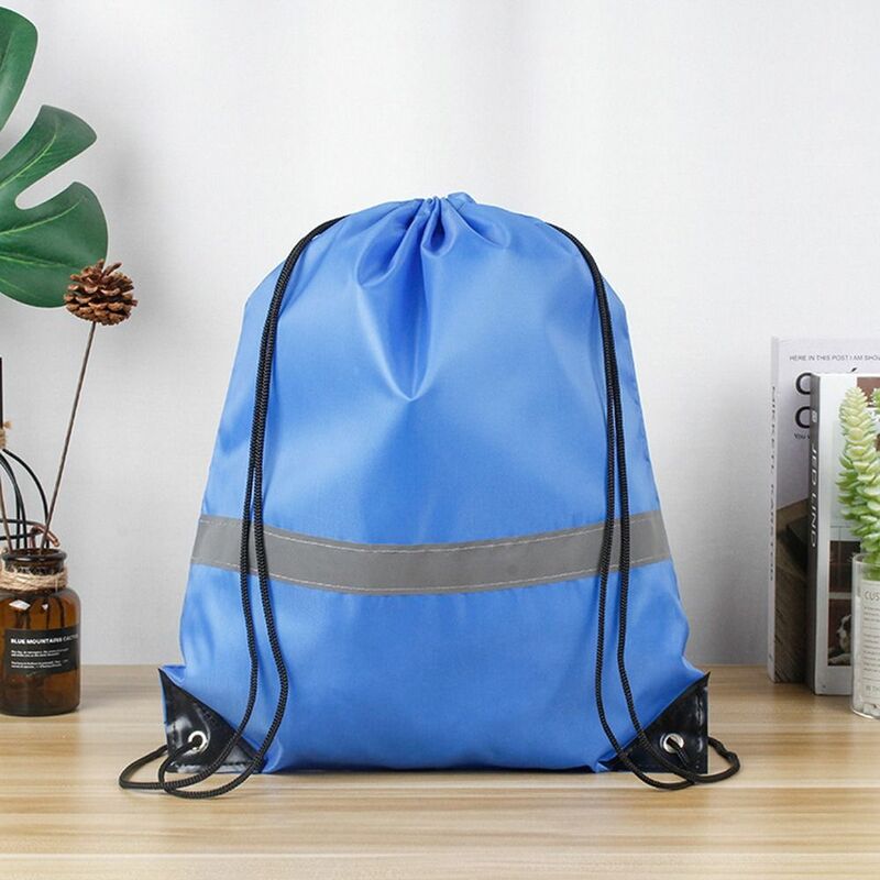 Waterproof Drawstring Gym Backpack Solid Color Reflective Stripe Fitness Handbag Foldable Portable Nylon Sports Shoulder Bag