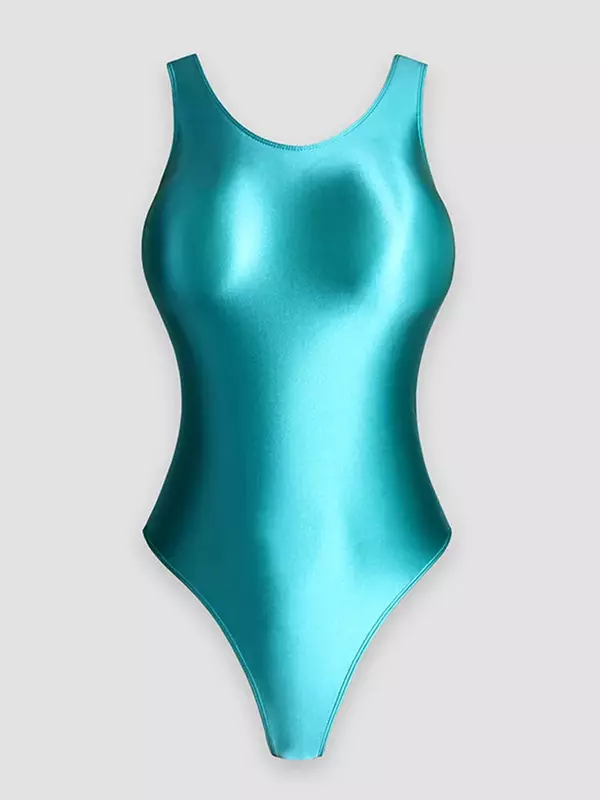 ชุดจั๊มสูทรัดรูปสำหรับผู้หญิงผู้ใหญ่ผ้าไหมมันวาวสีทึบชุดชุดว่ายน้ำลายเสือยิมนาสติกทรงเชอร์พินตัดสูง