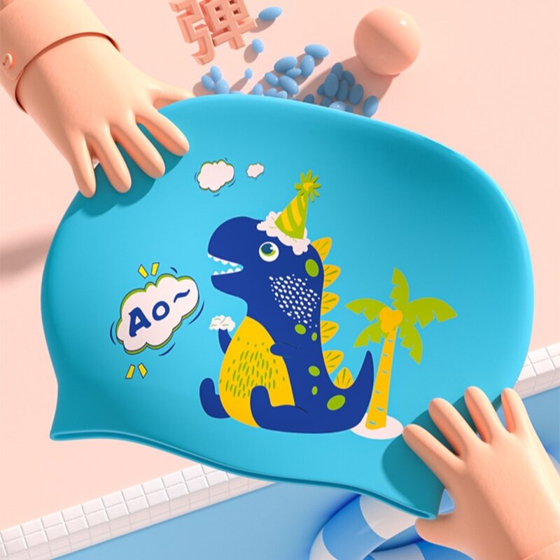 Darmowa czepek dla dzieci elastyczna silikonowa wodoodporna czapka do nurkowania ochrona słuchu wzór dinozaur basen kąpielowy osłona na czapkę dzieci