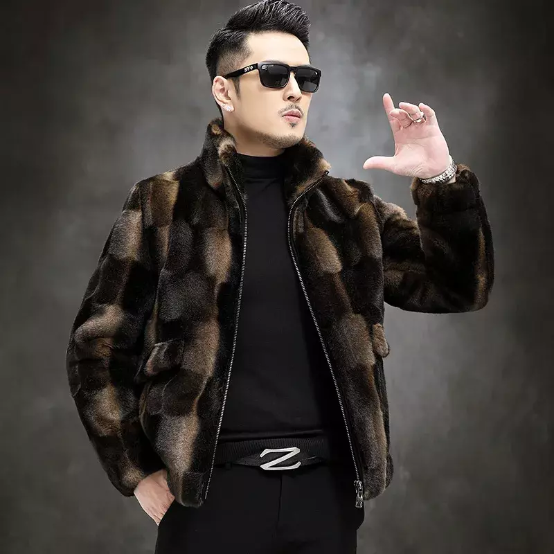 남성용 진짜 밍크 모피 코트, 스탠드 칼라 따뜻한 모피 재킷, 남성용 진짜 모피 격자 무늬 겉옷 P465, 2023 가을 겨울 패션