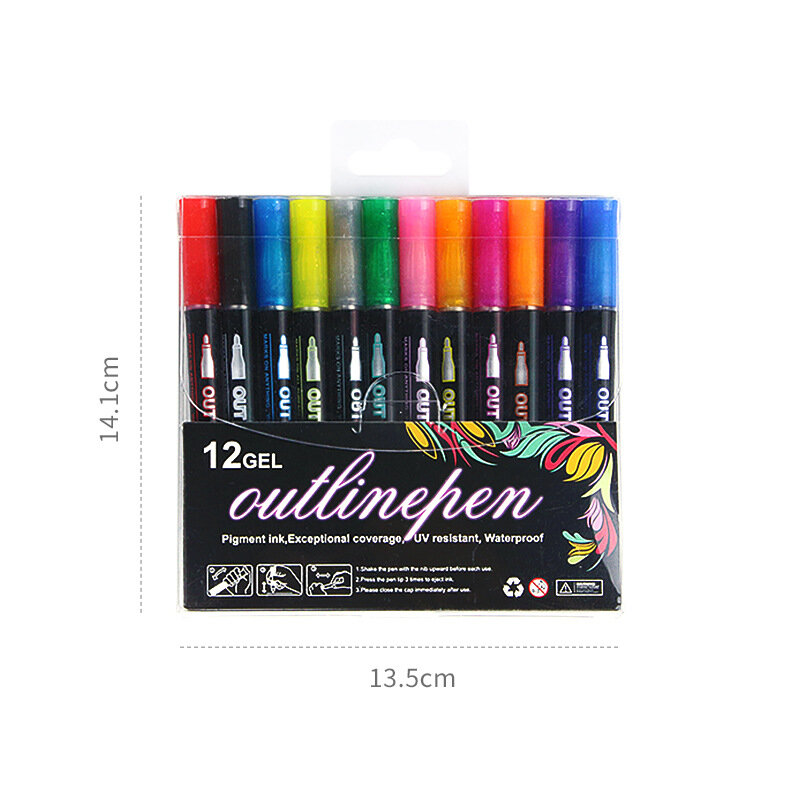 Двусторонняя контурная ручка, цветной фантазийный Металлический Набор 12 цветов, ручная учетная запись, хайлайтер, Детская граффити, кисть для рисования