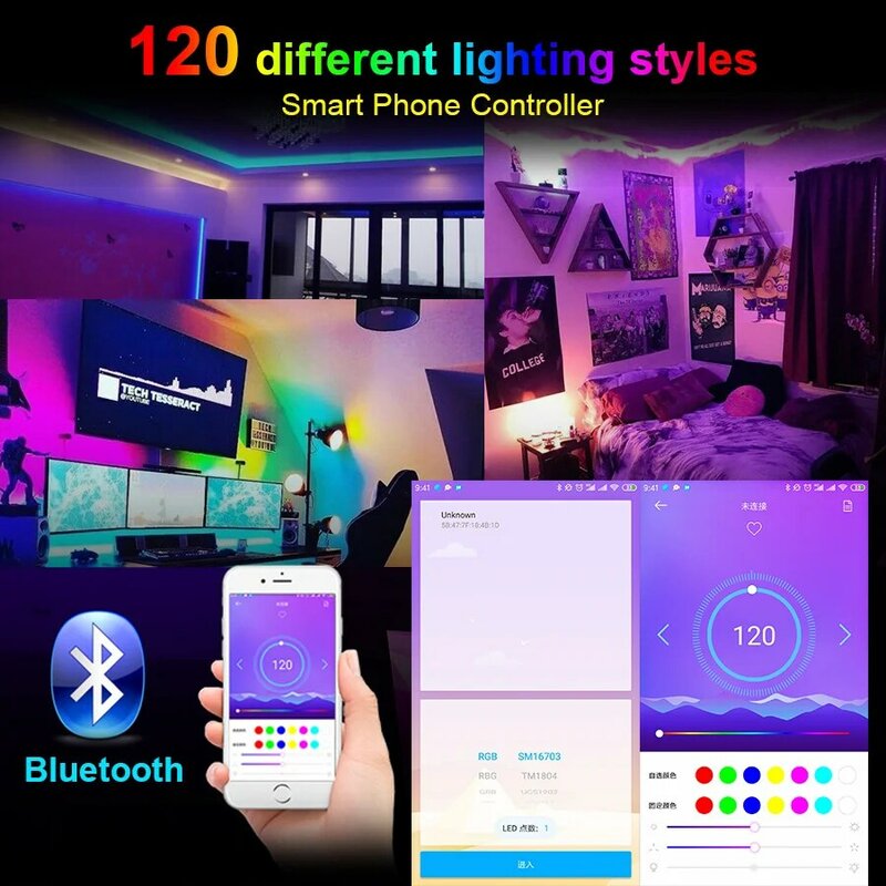 Fita de luz LED RGB endereçável individualmente, WS2812B, WS2812, SP110E, USB, Kit de controlador Bluetooth, 5V, 30, 60, 144 pixels, m