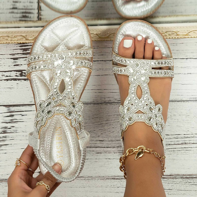 Sepatu wanita berlian imitasi elastis tali pergelangan kaki Sandal pantai Platform Wedge datar kasual Sandal putri kristal berkilau Bohemian