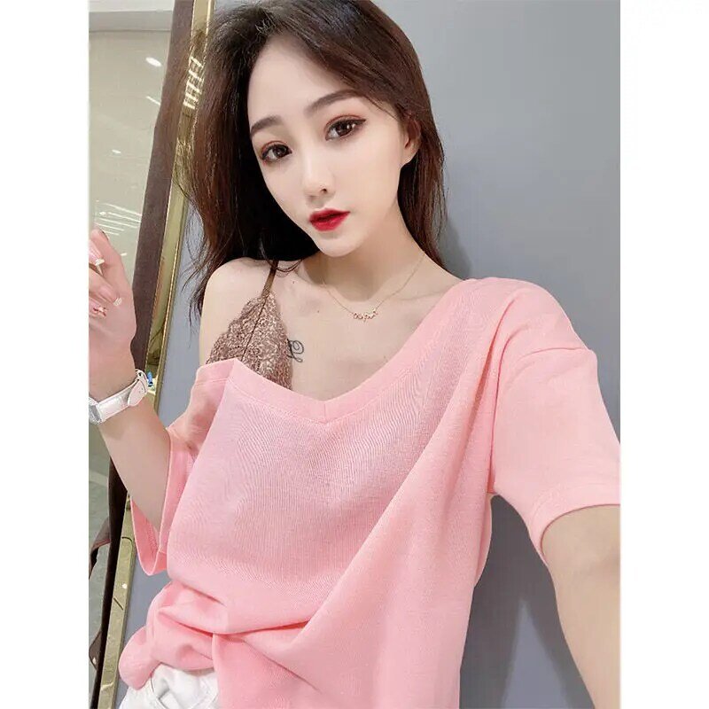 Trend Patchwork Loose Tops Tees Summer New Short Sleeve Solid Color Off Shoulder Sexy T Shirts Fashion Casual Women Clothing