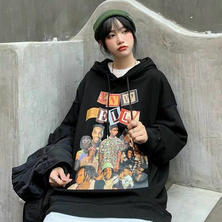 Sudadera con capucha para mujer, suéter con estampado de personajes de hip-hop, estilo retro americano, holgado, de manga larga