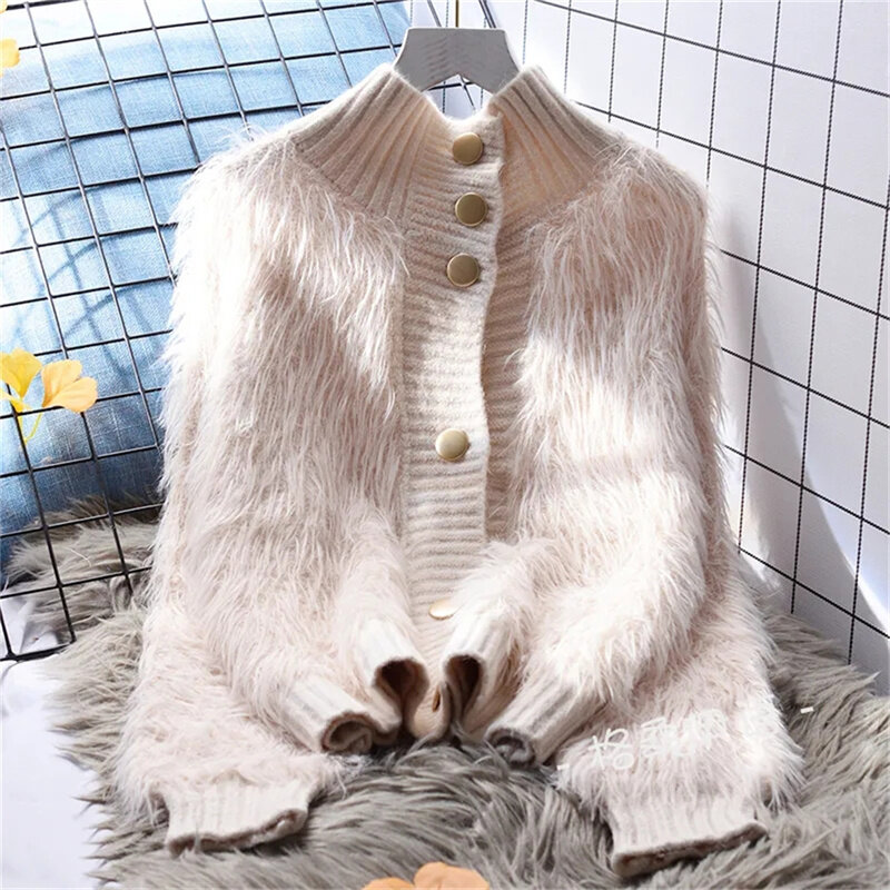 Casaco de imitação de pele feminina, cardigã de suéter curto branco, casaco solto e preguiçoso, jaqueta de malha, moda coreana, outono, novo