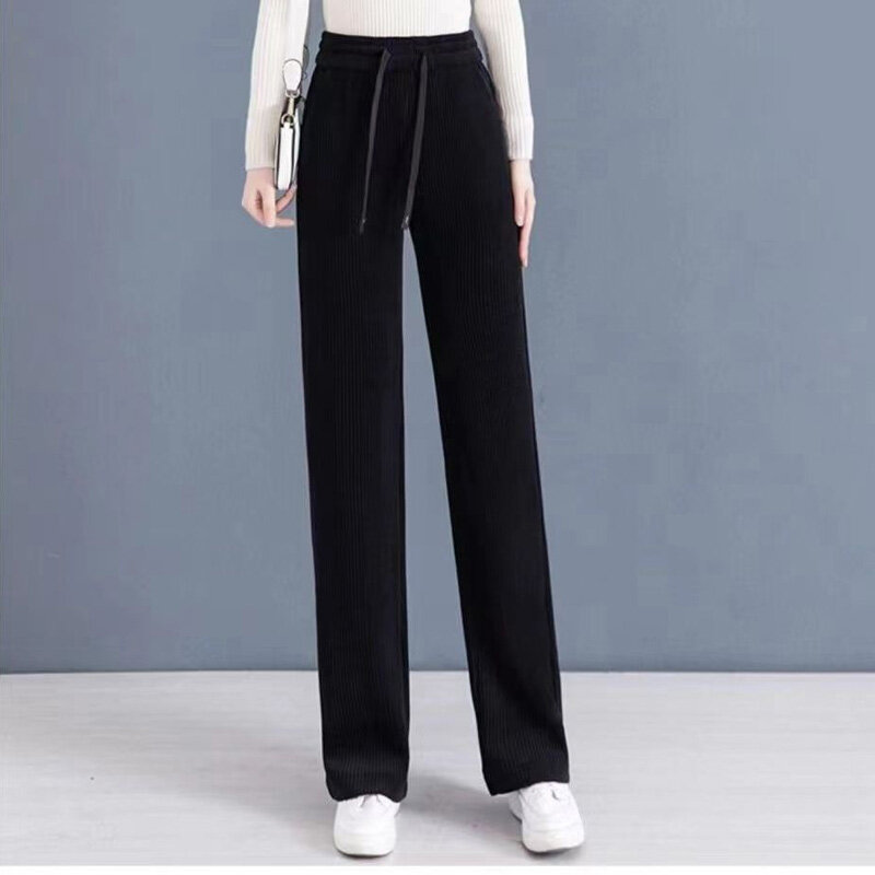 Женская одежда Новинка весна-осень 2023 тонкие свободные однотонные прямые широкие брюки на шнуровке с эластичным поясом и карманами