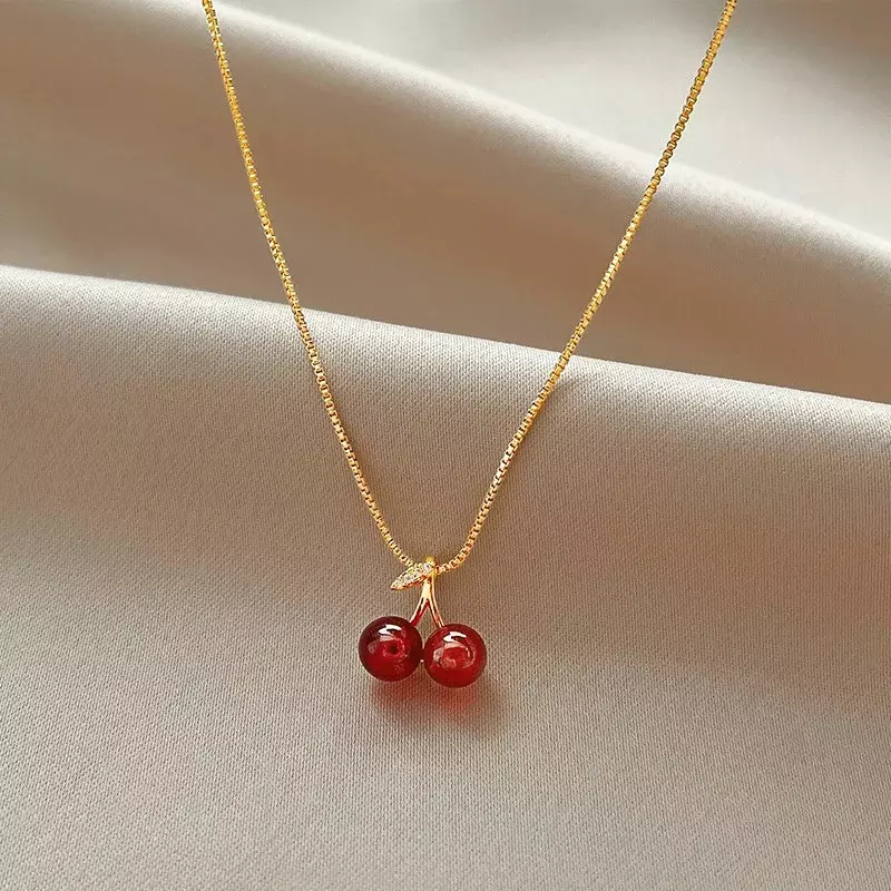 Wine Red Cherry Gold Color Pendant Necklace For Women Personality Fashion Necklace Wedding Jewelry Birthday Gifts 2024 New
