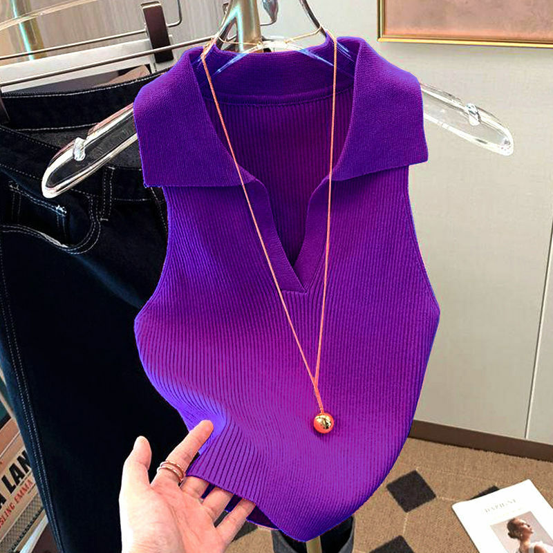 Ice Silk Shirt Women's 2022 Summer Wear Knitted Vest New Style Fashion Slim Lapels Sleeveless Knitwear Women's Tank Top