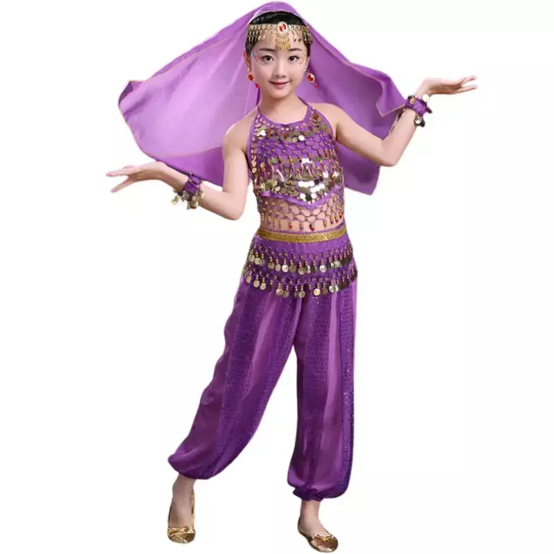 Podium Chiffon Kinderen Indian Buikdans Meisje Kostuum Halloween Uitvoering 7 Stuks Sets Kinderen Dansdoek Outfits