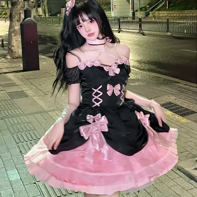 일본 고딕 로리타 원피스, 귀여운 활 베어 레이스 핑크, 블랙 오프 숄더 공주 드레스, 소녀 달콤한 할로윈 코스튬