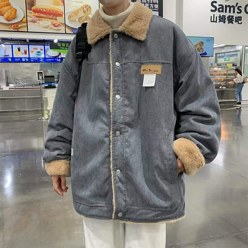 Wełna jagnięca bawełniany płaszcz męski luźny dorywczo pluszowy i gruby klapa bawełniany płaszcz styl Hong Kong Ins moda marka wszechstronny płaszcz
