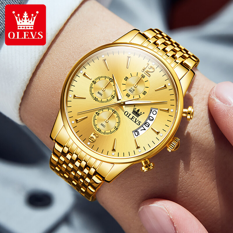 OLEVS Brand Luxury Gold Quartz Watch for Men Stainless Steel Waterproof Sport Multifunction Chronograph Watch Relogio Masculino