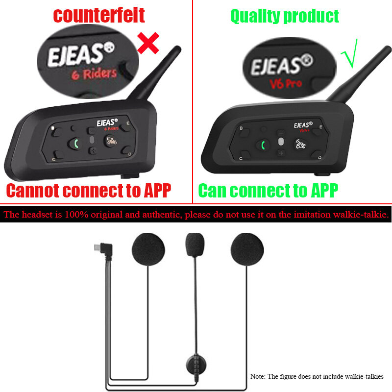 EJEAS-V6 PRO + Interfone Motocicleta, Interfone Acessórios, Tipo C Plug, Fone de ouvido, Terno Estéreo