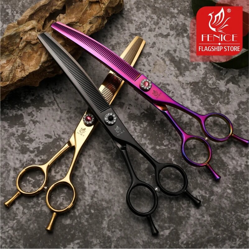 Fenice 7.25 inch professional dog grooming scissors curved chunkers scissors thinning shears for pet hair tijeras tesoura